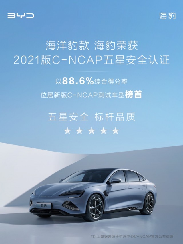 得分率88.6%！比亚迪海豹《C-NCAP管理规则》（2021年版）总榜单排名第一