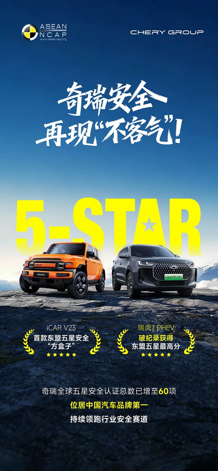 奇瑞安全再现“不客气”！瑞虎7创造东盟五星评价最高分 iCAR V23成为首款“五星方盒子”